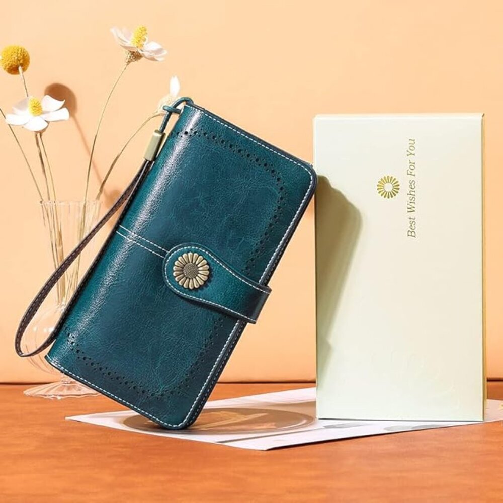 Wristlet Wallets for Women Leather Credit Card Holder -Wax-Blue